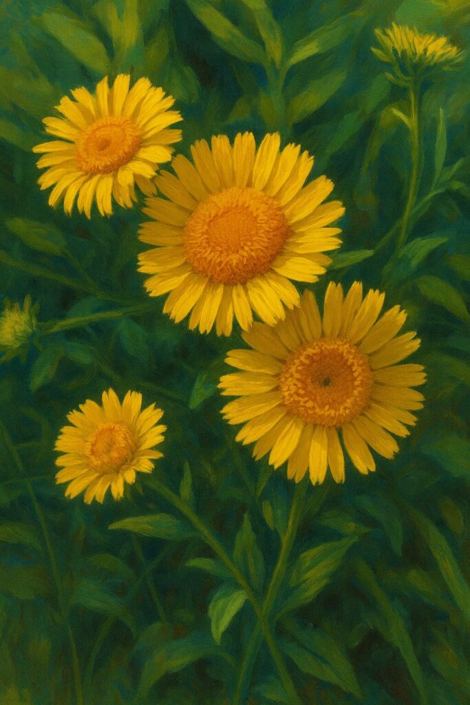 三輪並んで咲くオグルマの黄色い花の群生イラスト