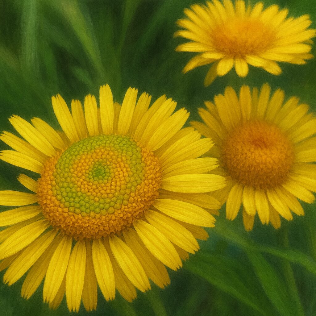 夏に咲くオグルマの黄色い花三輪を描いたボタニカルイラスト