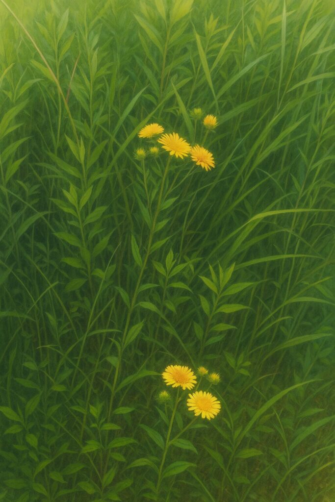 草原の中に咲くオグルマの黄色い花と周囲の葉を描いた植物イラスト