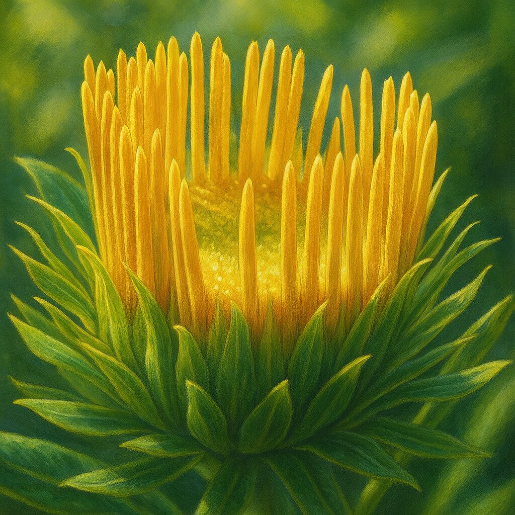 黄色い花弁を放射状に広げたオグルマの正面イラスト図