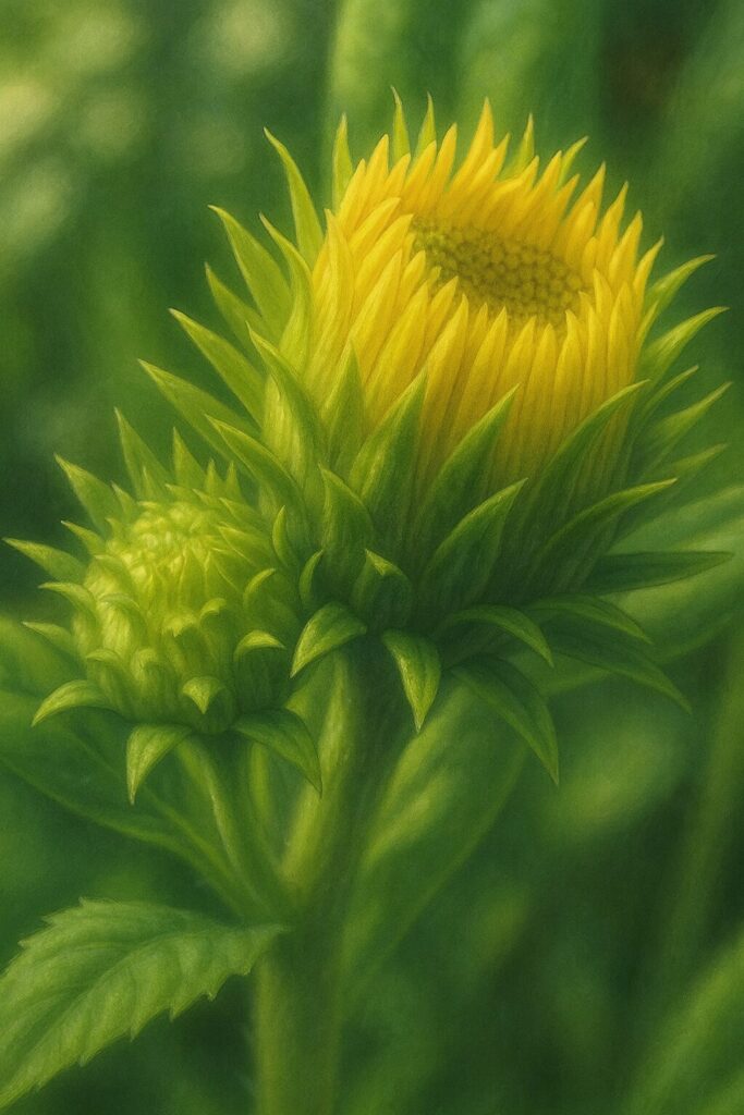 開花直前のオグルマを真横から描いた写実的な植物画