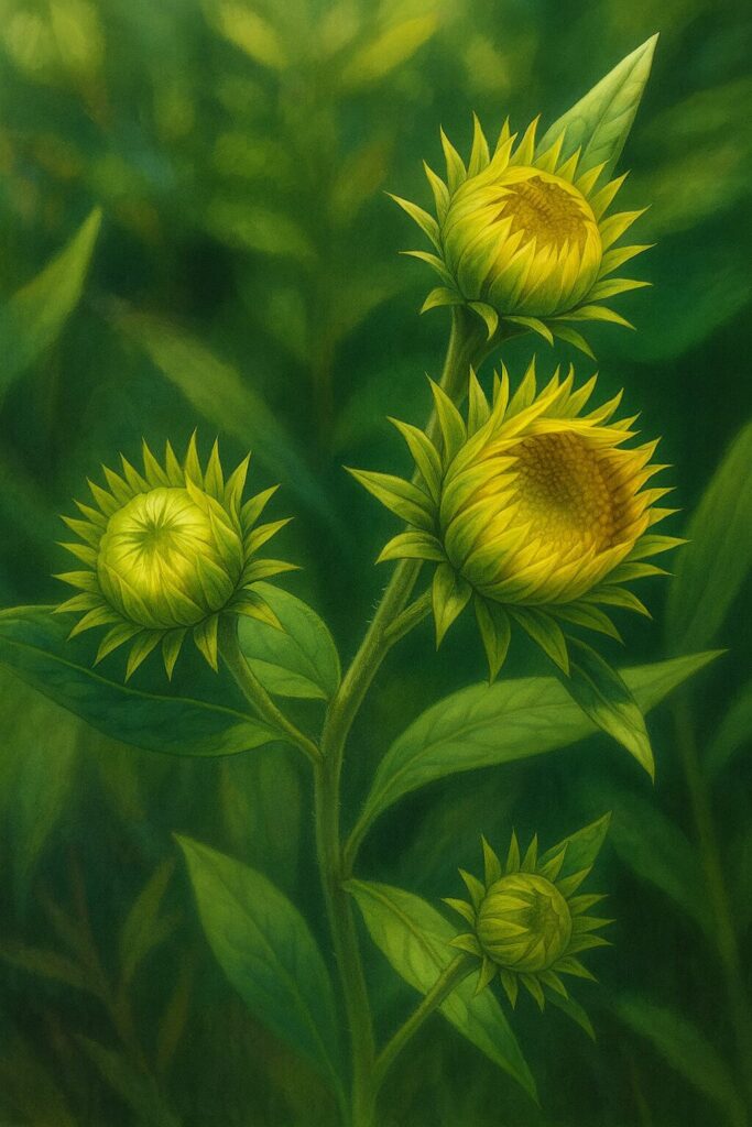 異なる成長段階のオグルマの花を並べたボタニカルイラスト