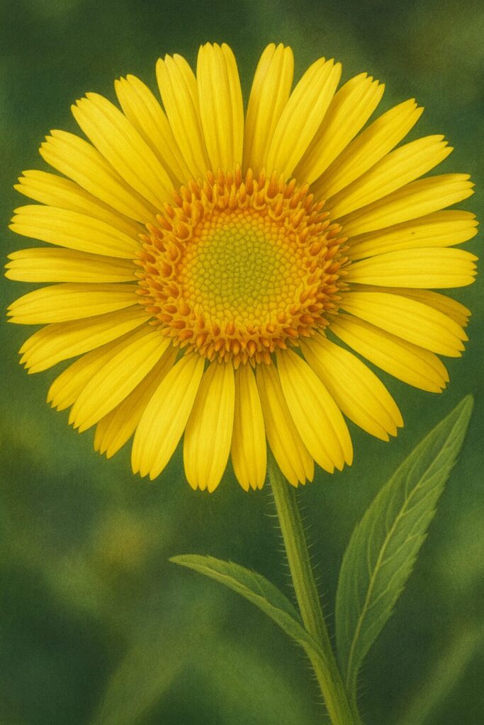 つぼみが連なる茎を描いたオグルマの細密植物イラスト