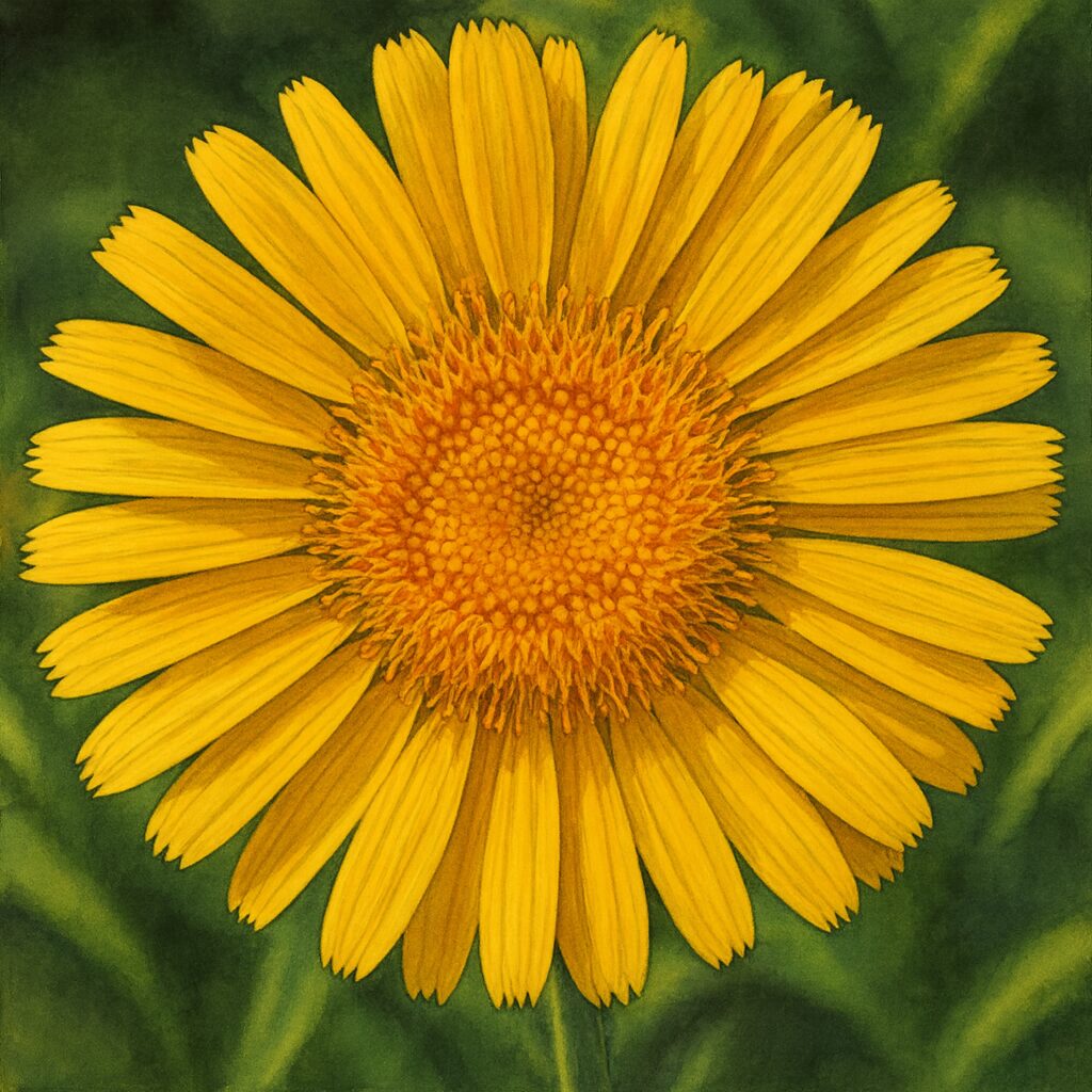 満開のオグルマを鮮やかな色彩で描いた自然主義的イラスト