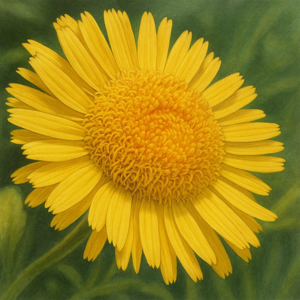 咲き始めたオグルマの花を斜めから表現した写実的な絵