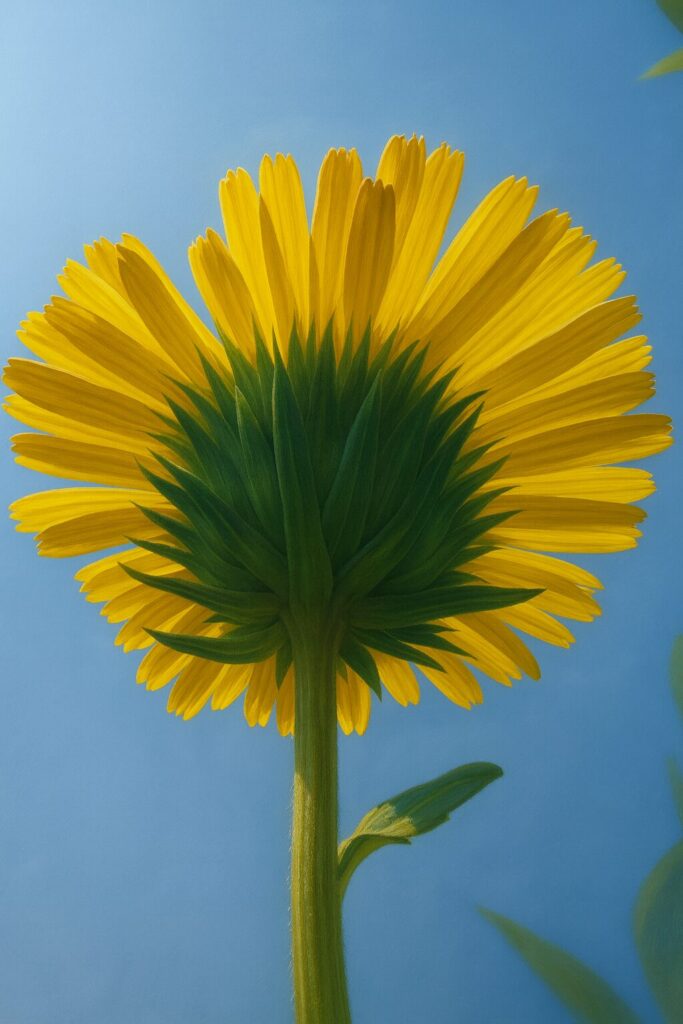 逆光で花びらが輝くオグルマを下から描いた印象的なイラスト