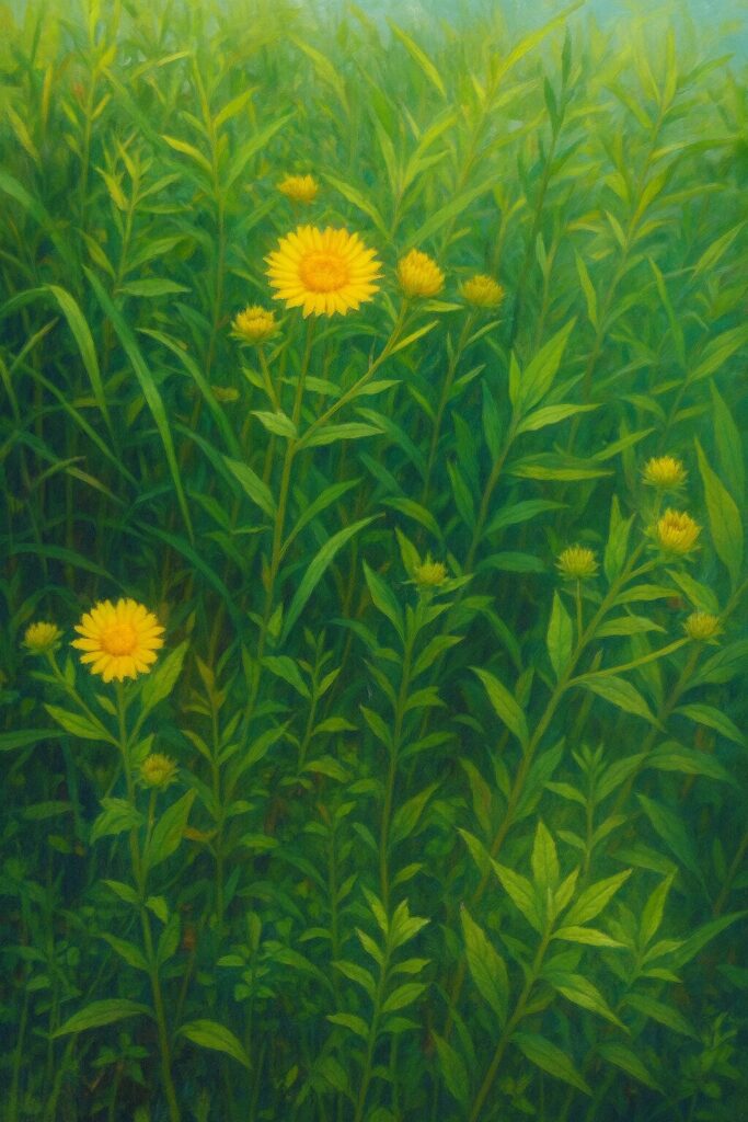 草原に群生するオグルマの全体像を描いた風景調植物画