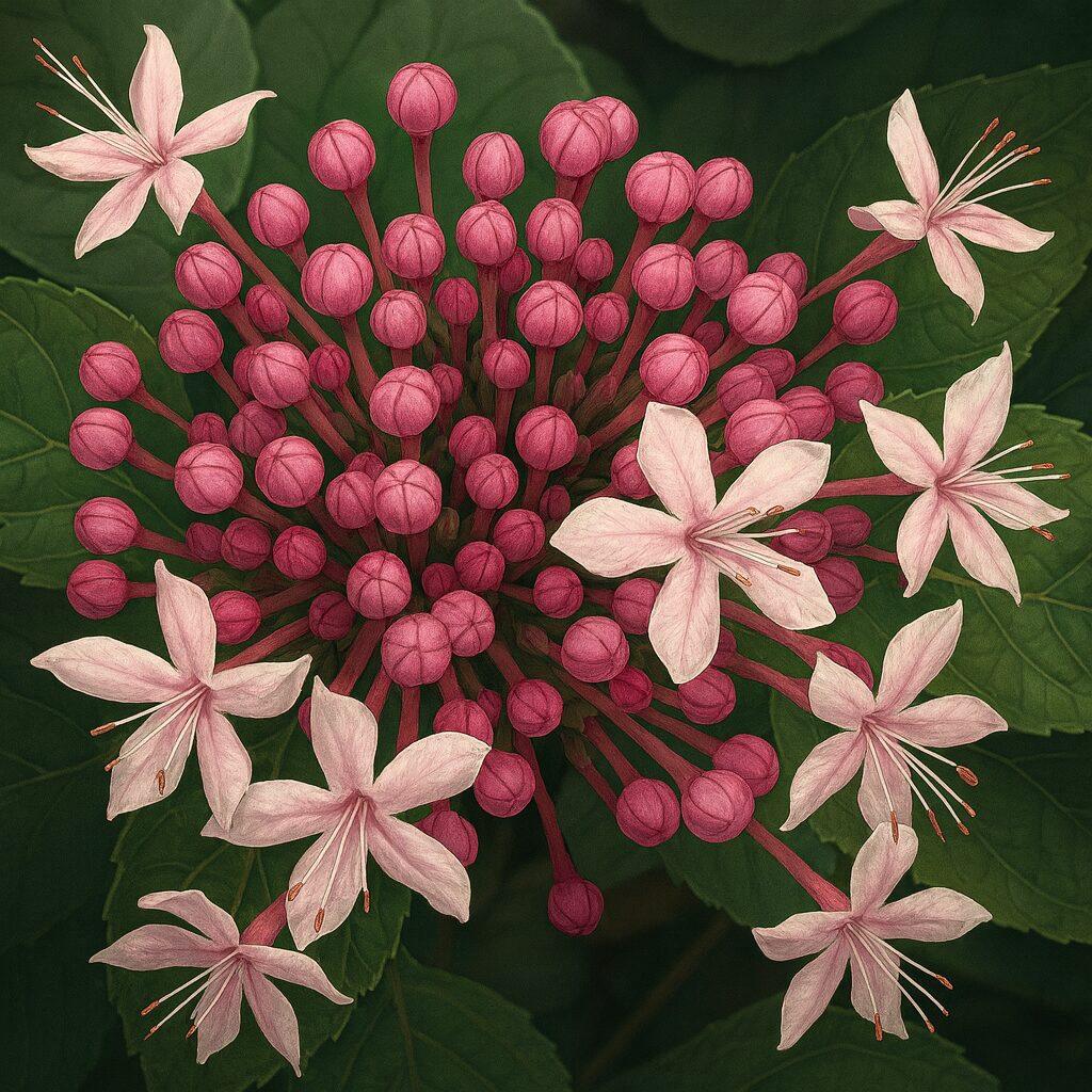 ボタンクサギの花房をリアルに描いた植物イラスト｜ピンク色の蕾と咲き始めの花が緑の葉に映える構図