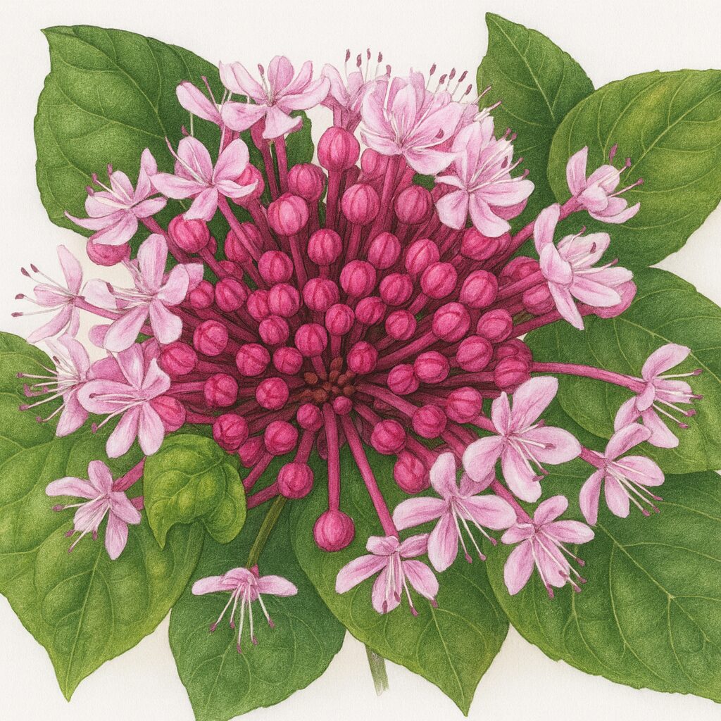 ボタンクサギの花房を精密に描いた植物イラスト｜鮮やかなピンクの蕾と淡いピンクの花を緑の葉が引き立てるボタニカルアート