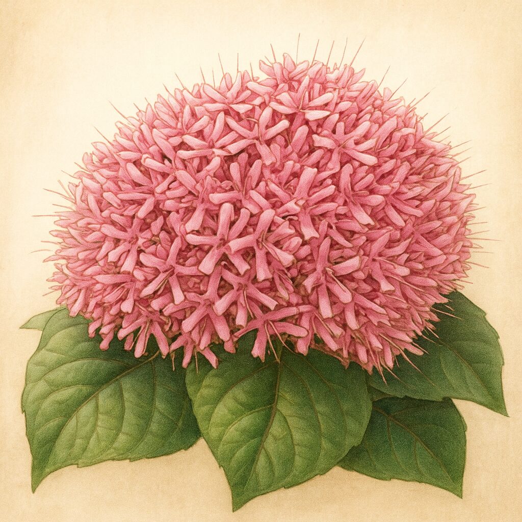 ボタンクサギの花房を精緻に描いた植物イラスト｜ピンク色の筒状花が球状に集まり緑の葉に映える構図