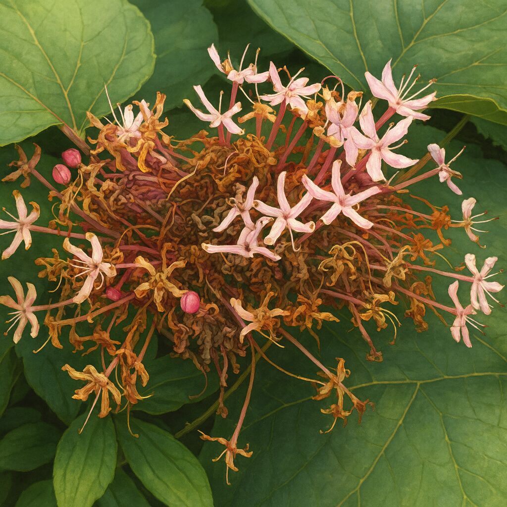 枯れかけたボタンクサギの花房を写実的に描いた植物イラスト｜淡いピンクの花と茶色に変色した花が混在する姿