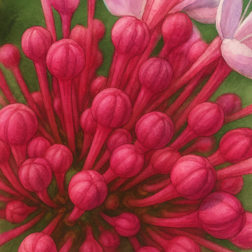 ボタンクサギの蕾を精密に描いた植物イラスト｜濃いピンク色の蕾が群れをなし立体感を持って描かれた構図
