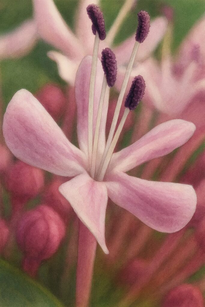 ボタンクサギの花を精密に描いた植物イラスト｜淡いピンクの花弁と紫色の雄しべが際立つ接写構図