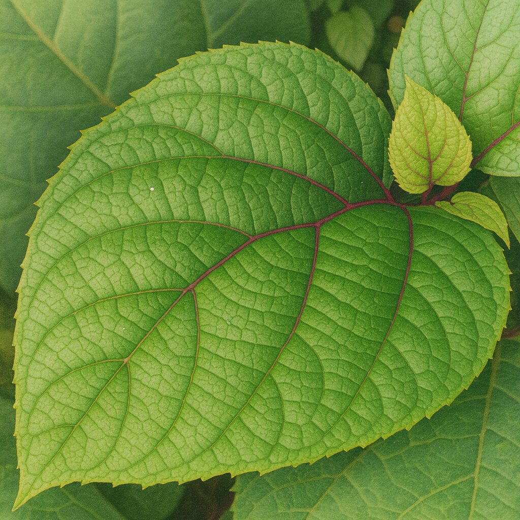 ボタンクサギの葉を精密に描いた植物イラスト｜鮮やかな緑色の葉脈と赤紫色の葉柄が際立つ構図