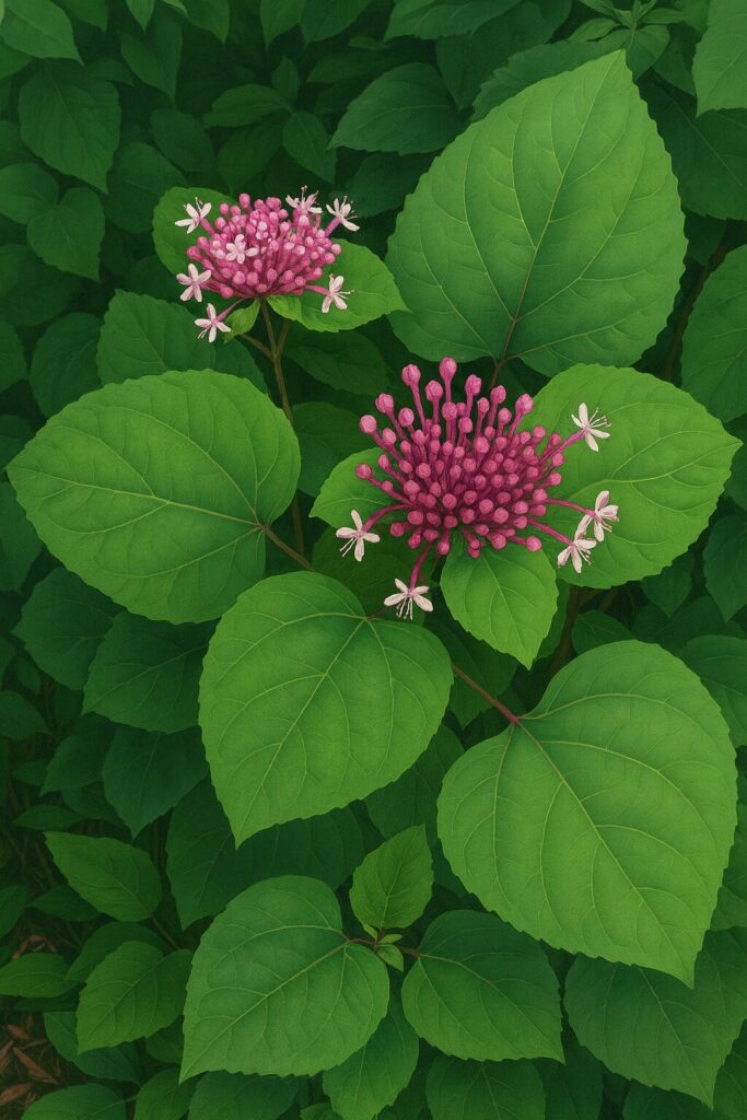 ボタンクサギの株を精緻に描いた植物イラスト｜濃い緑の葉と鮮やかなピンク色の花房が調和する構図