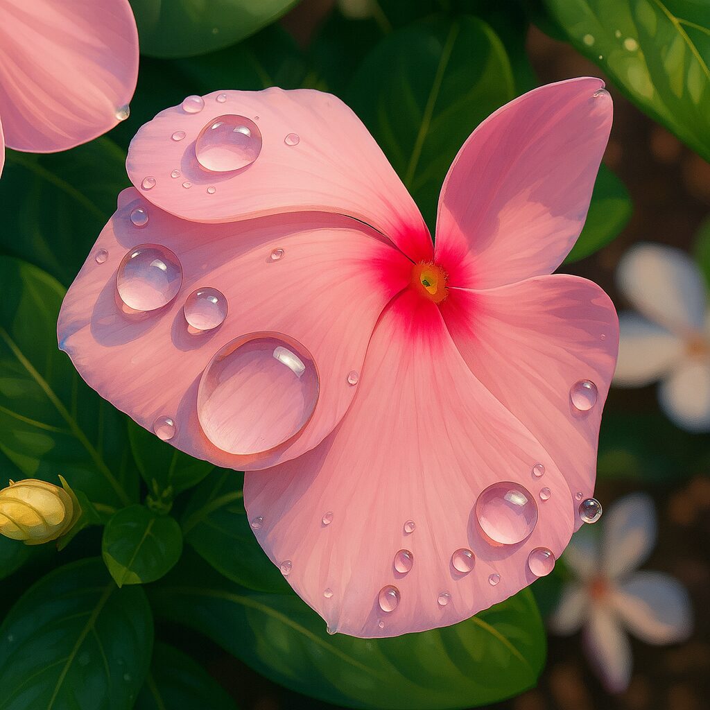 水滴をまとったピンク色のニチニチソウの花を描いたリアルなデジタルイラスト