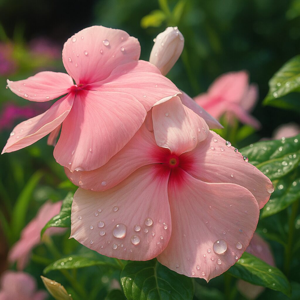 水滴をまとったピンク色のニチニチソウを描いたリアルなデジタルイラスト