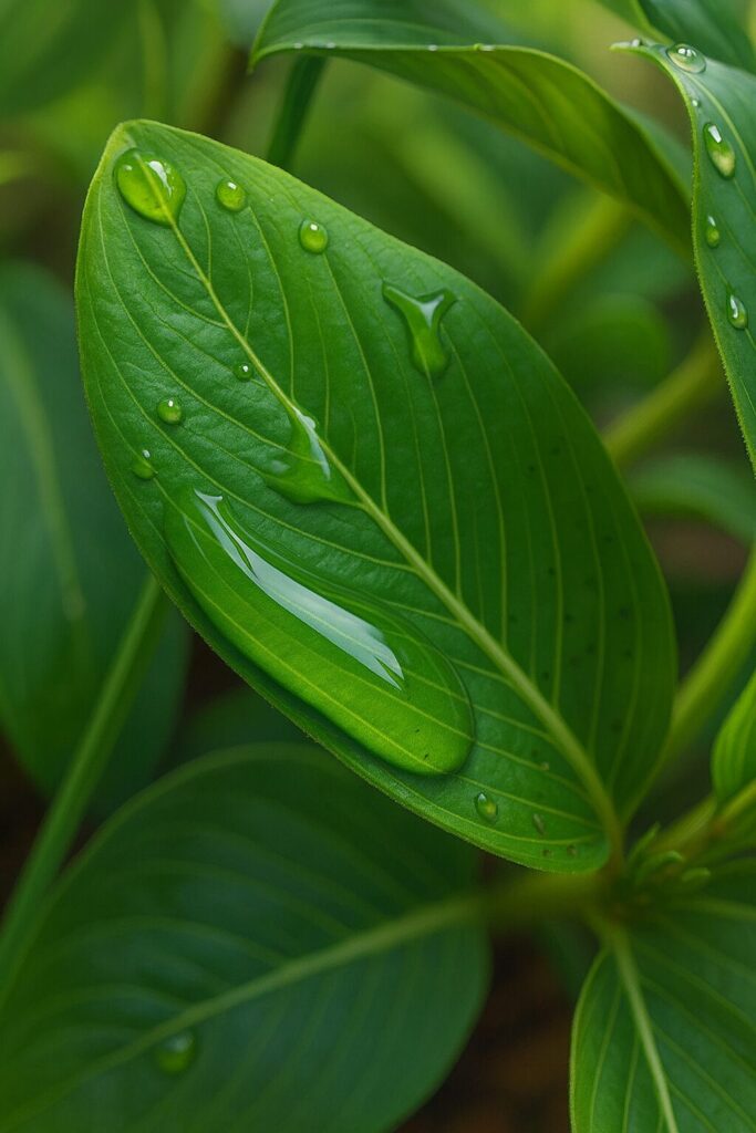水滴が光るニチニチソウの葉をリアルに描いたデジタルイラスト
