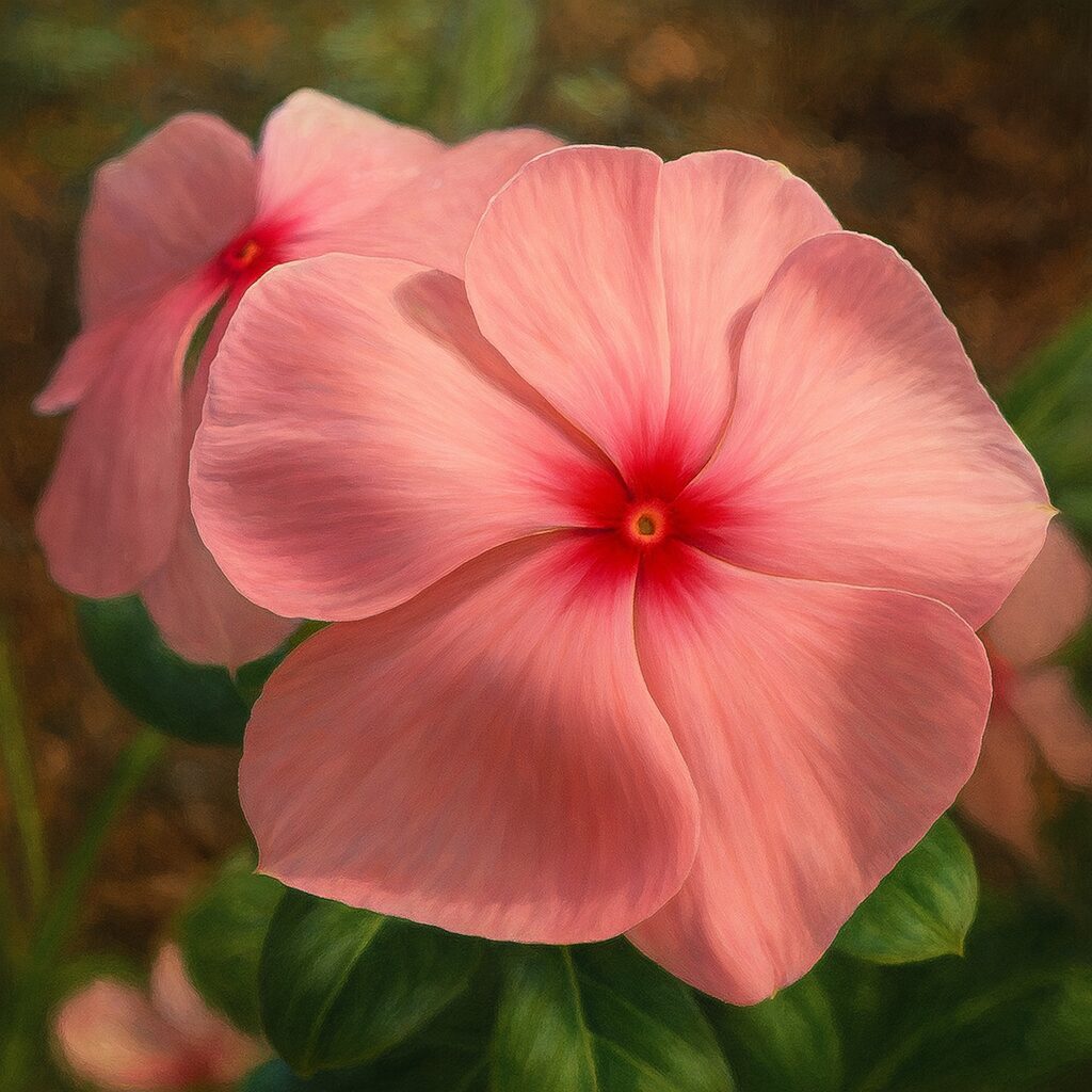 柔らかなピンク色のニチニチソウの花をリアルに描いたデジタルイラスト