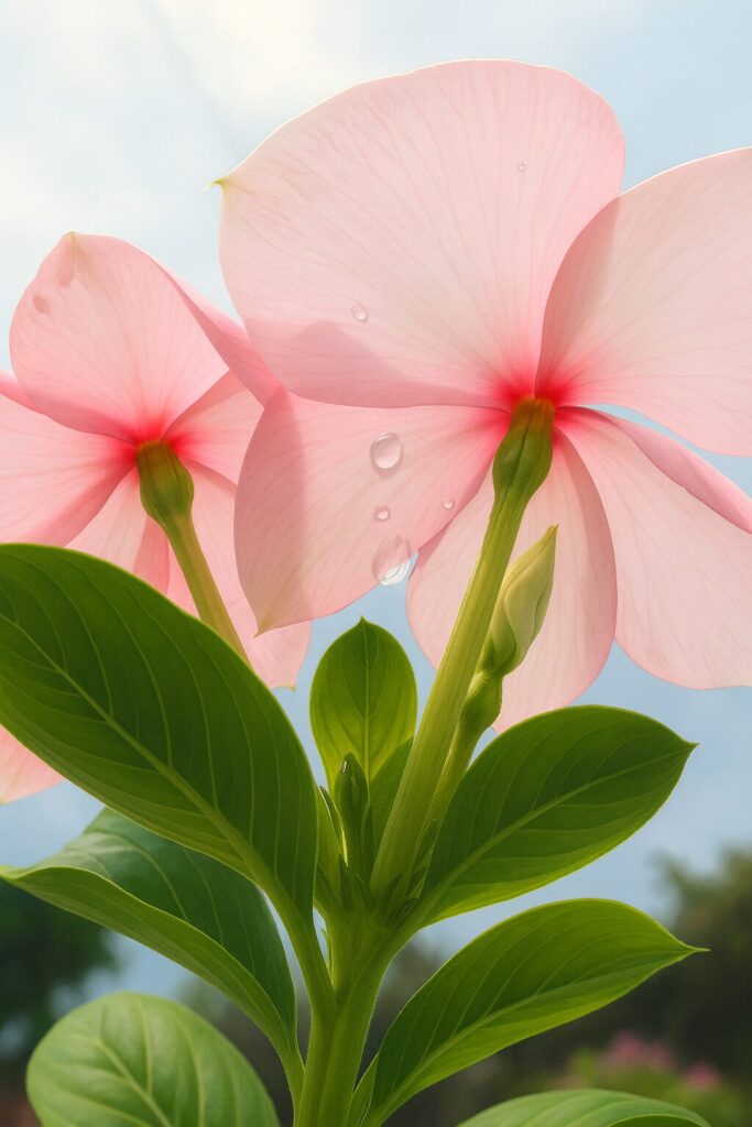 下から見上げる構図で描かれた淡いピンクのニチニチソウの花のリアルなデジタルイラスト