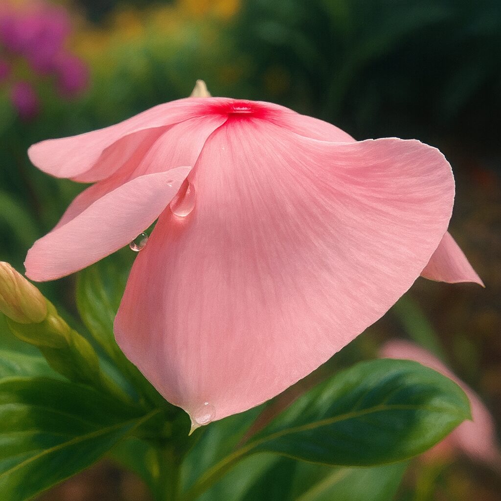 水滴をまとったピンク色のニチニチソウの花を横から描いたリアルなデジタルイラスト