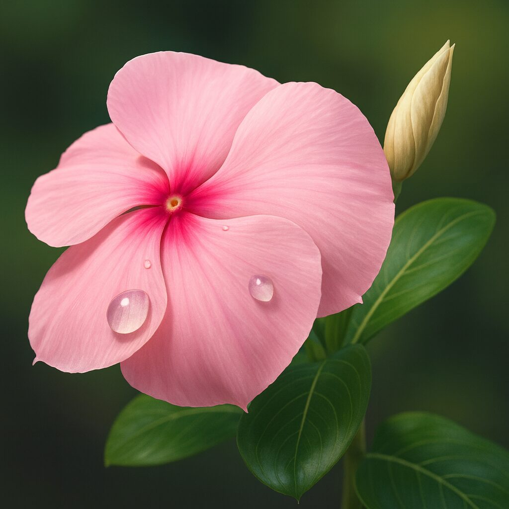 ピンクの花と蕾を添えたニチニチソウをリアルに描いたデジタルイラスト