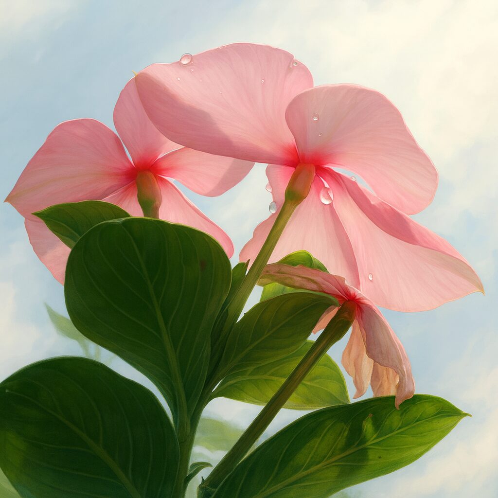 青空を背景に柔らかなピンク色のニチニチソウを下から見上げて描いたリアルなデジタルイラスト