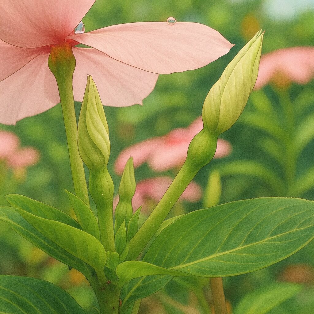 蕾と咲いた花をリアルに描いたピンク色のニチニチソウのデジタルイラスト