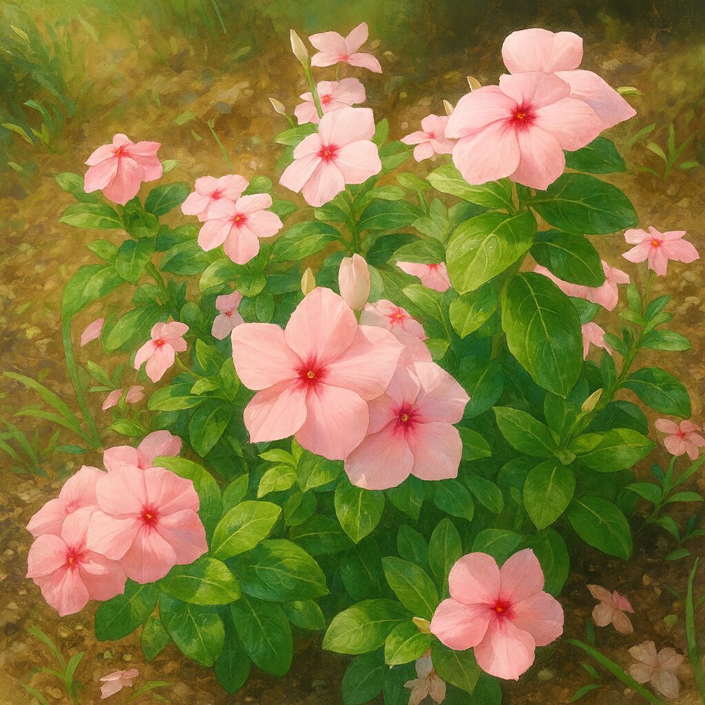 鮮やかな緑の葉に囲まれたピンク色のニチニチソウが群生する様子を描いたリアルなデジタルイラスト