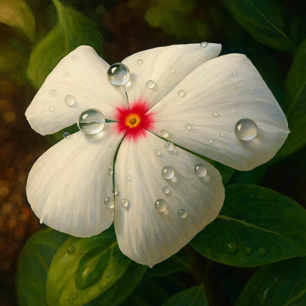 水滴をまとった白色のニチニチソウの花をリアルに描いたデジタルイラスト