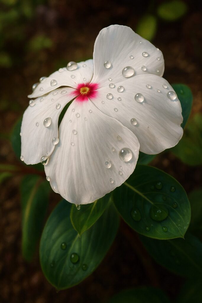 水滴をまとった白色のニチニチソウをリアルに描いたデジタルイラスト