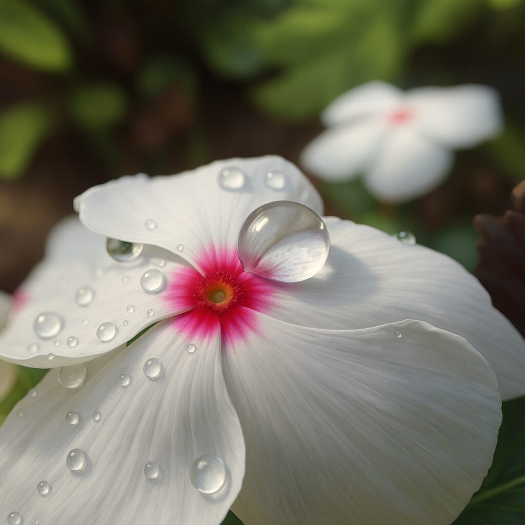 白い花びらと水滴の輝きをリアルに描いたニチニチソウのデジタルイラスト