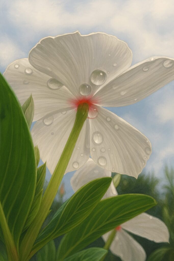 水滴をまとった白色のニチニチソウを下から見上げる構図で描いたリアルなデジタルイラスト