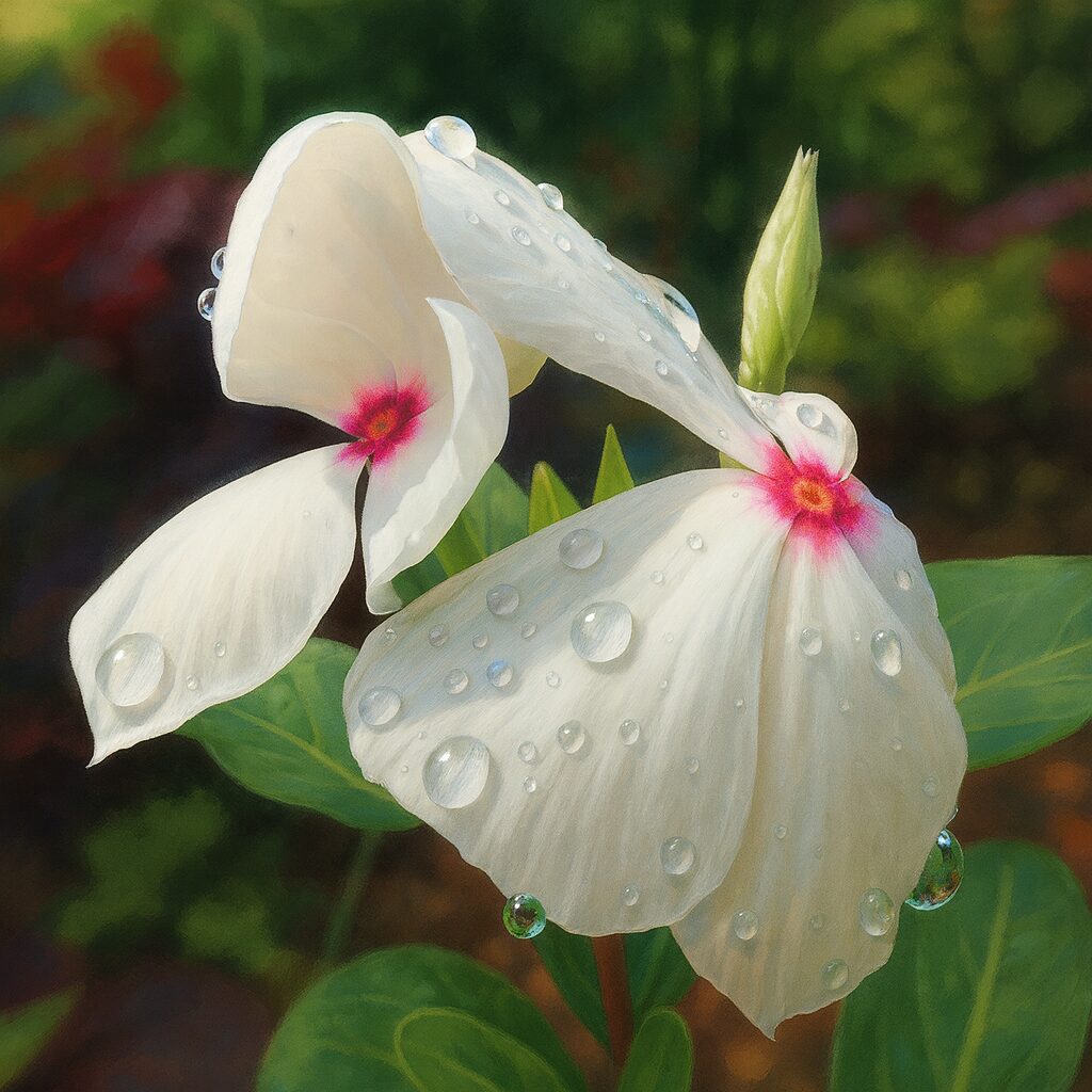 水滴をまとった白色のニチニチソウの花をリアルに描いたデジタルイラスト