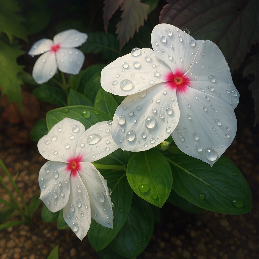 雨粒が輝く白色のニチニチソウ三輪をリアルに描いたデジタルイラスト