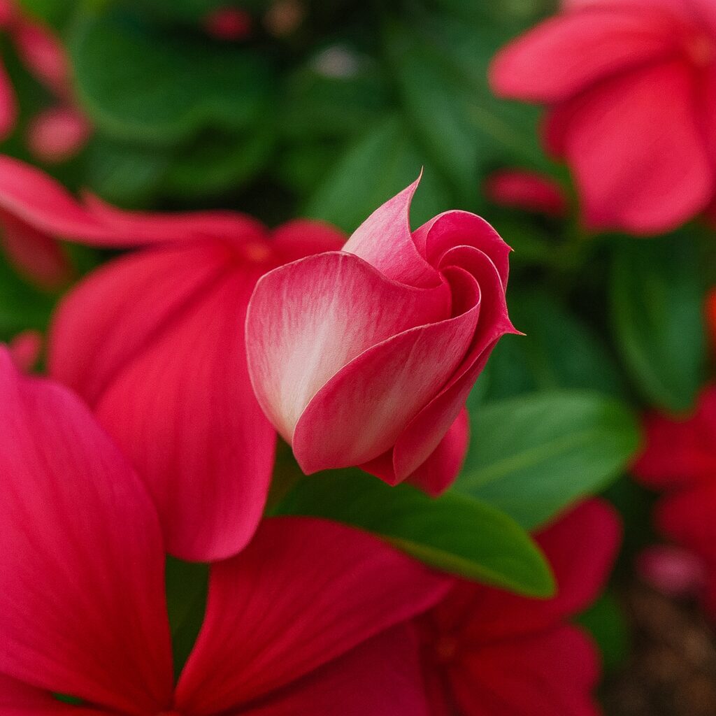 開きかけのピンク色のニチニチソウの蕾をリアルに描いたデジタルイラスト