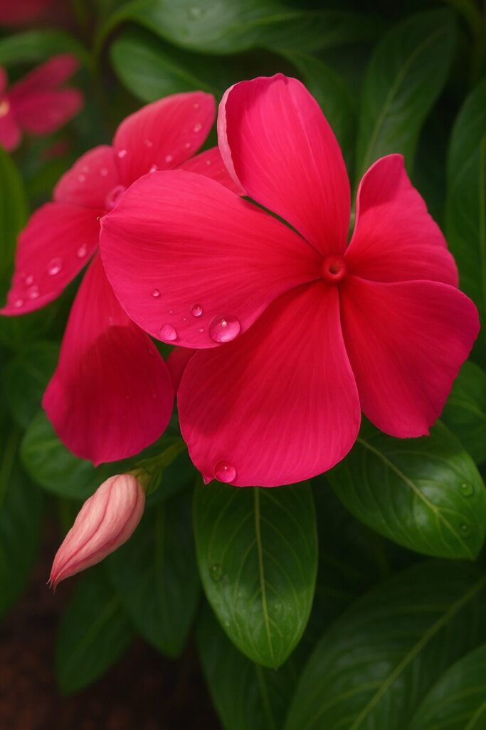 水滴をまとったピンク色のニチニチソウをリアルに描いたデジタルイラスト