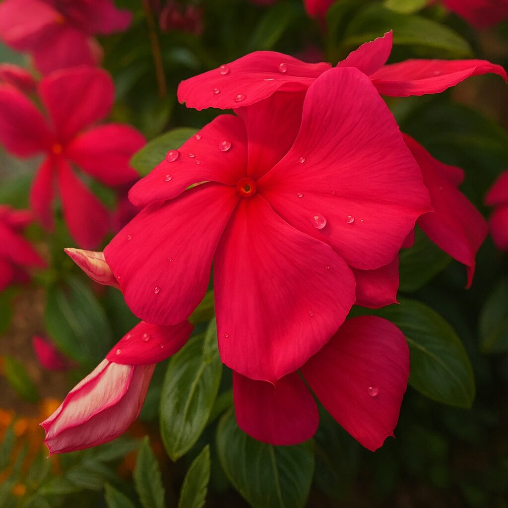 ピンク色のニチニチソウの花と蕾をリアルに描いたデジタルイラスト