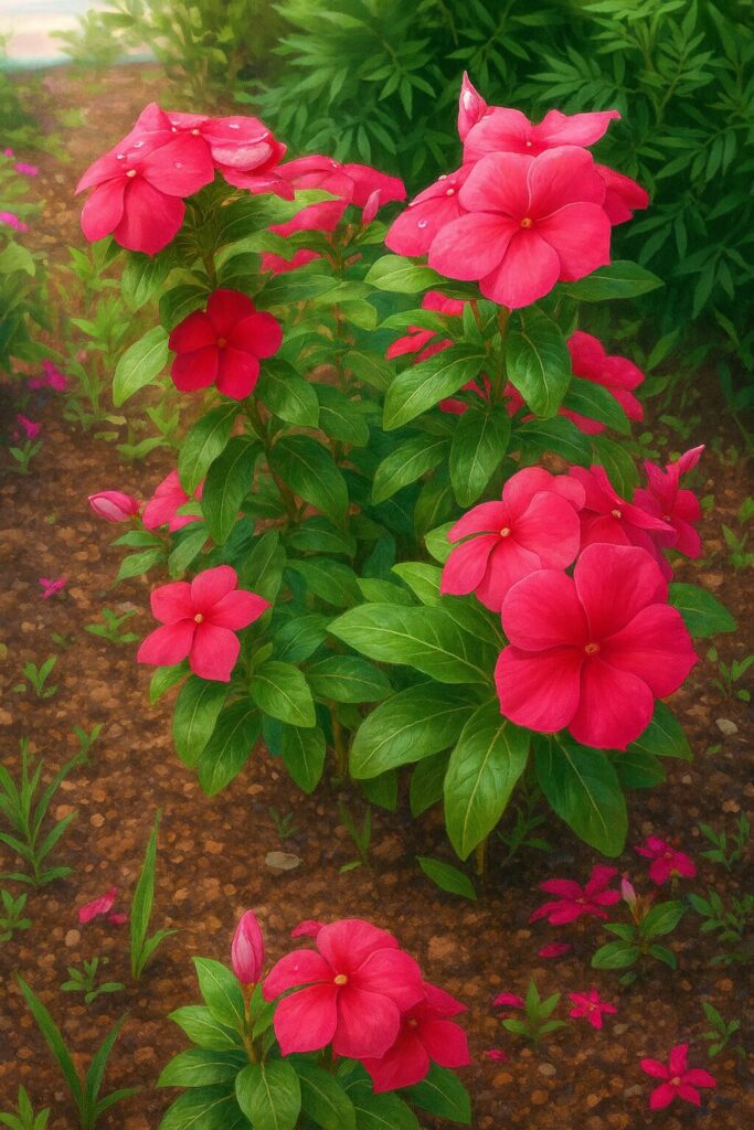 庭に咲き広がるピンク色のニチニチソウをリアルに描いたデジタルイラスト