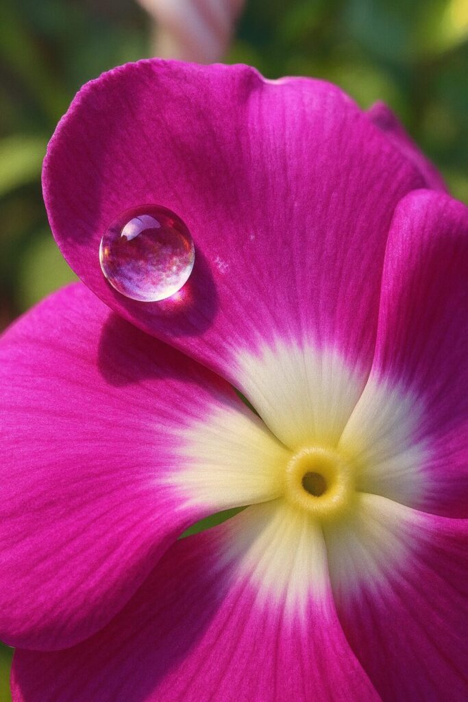 紫色の花びらに水滴が輝くニチニチソウをリアルに描いたデジタルイラスト