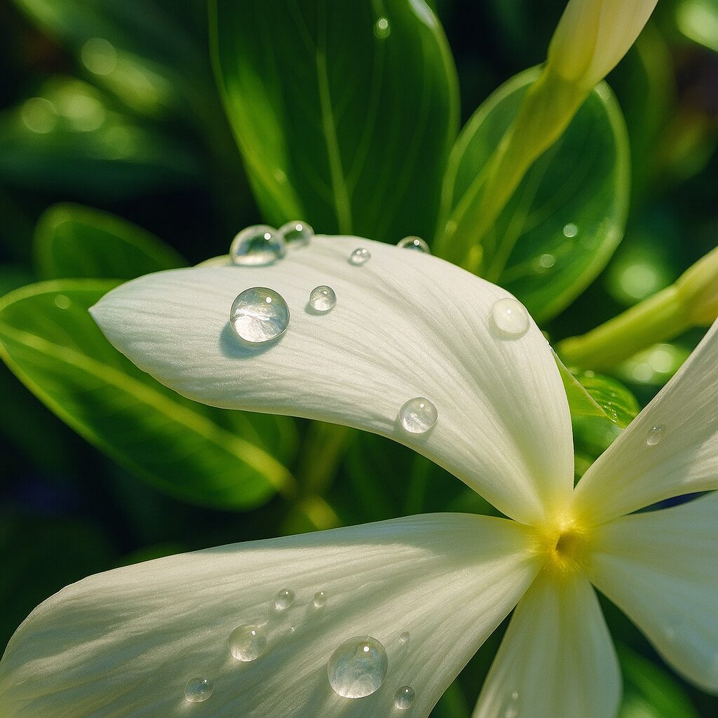 水滴をまとった白色のニチニチソウをリアルに描いたデジタルイラスト