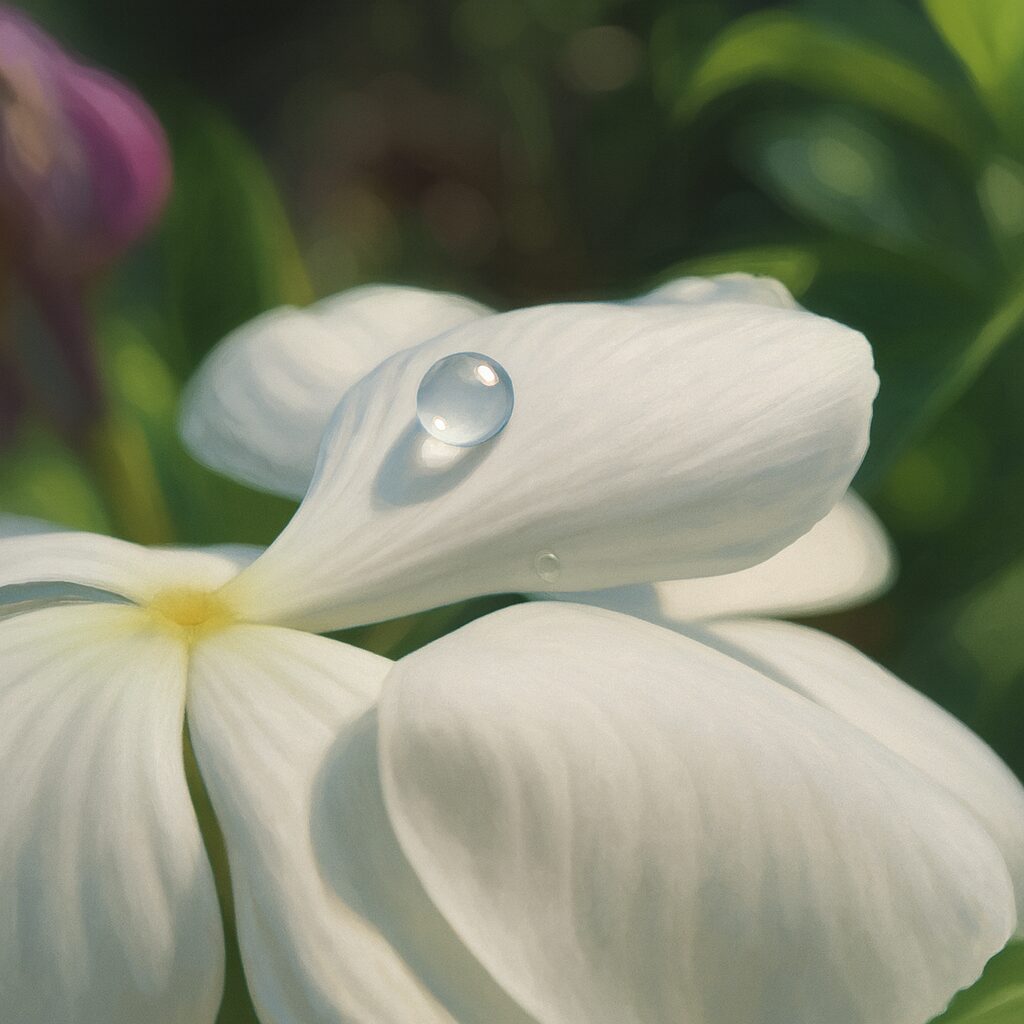 白色のニチニチソウの花びらに水滴が輝く様子をリアルに描いたデジタルイラスト