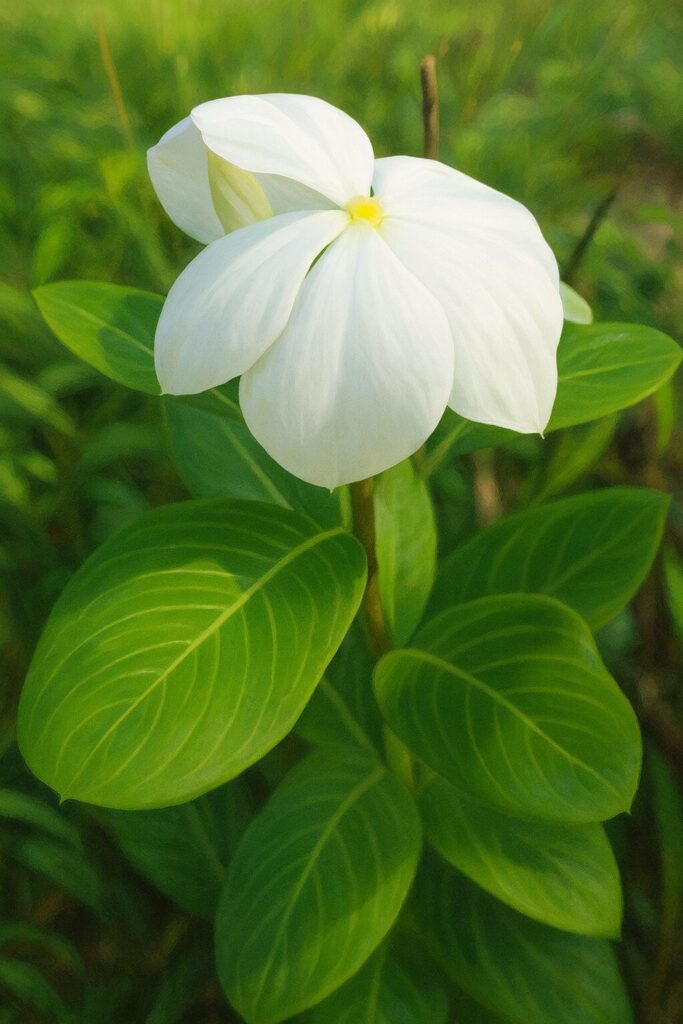 緑の葉とともに咲く白色のニチニチソウをリアルに描いたデジタルイラスト