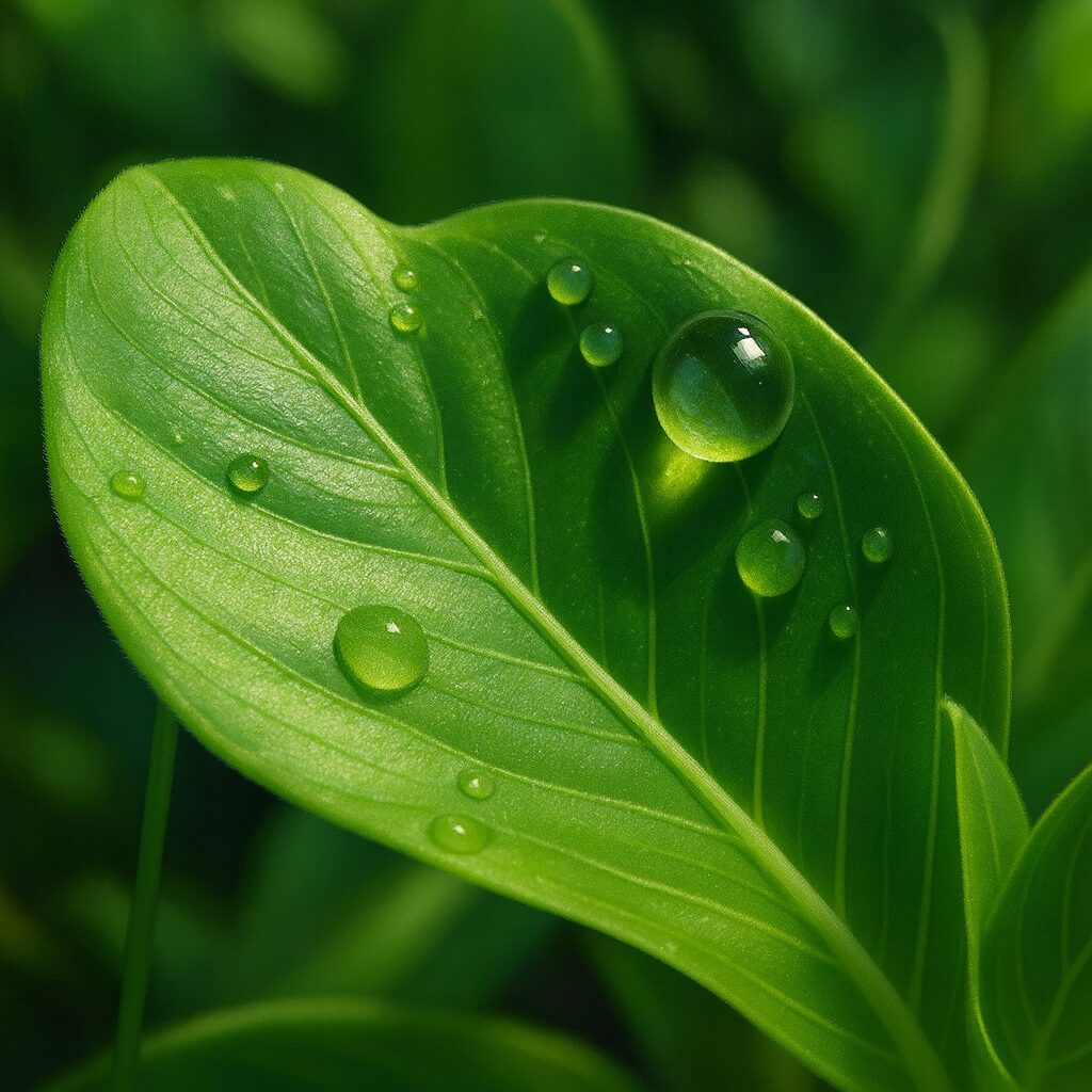 雨粒が輝くニチニチソウの葉をリアルに描いたデジタルイラスト