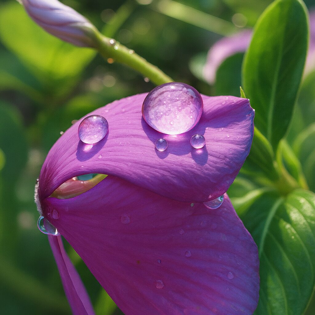 水滴が輝く紫色のニチニチソウの花をリアルに描いたデジタルイラスト