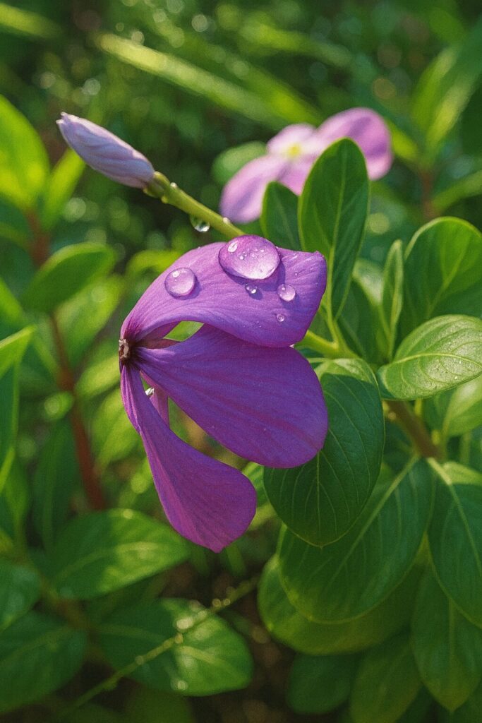 紫色のニチニチソウの花びらに水滴が光る様子をリアルに描いたデジタルイラスト