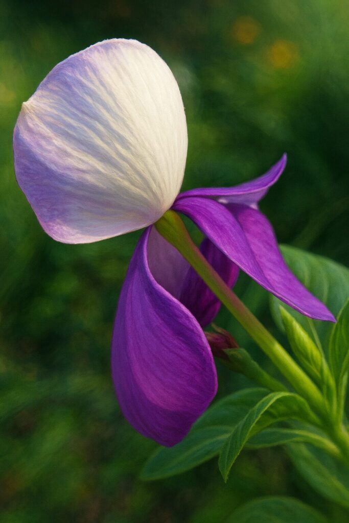 紫と白の花びらを持つニチニチソウを横からリアルに描いたデジタルイラスト