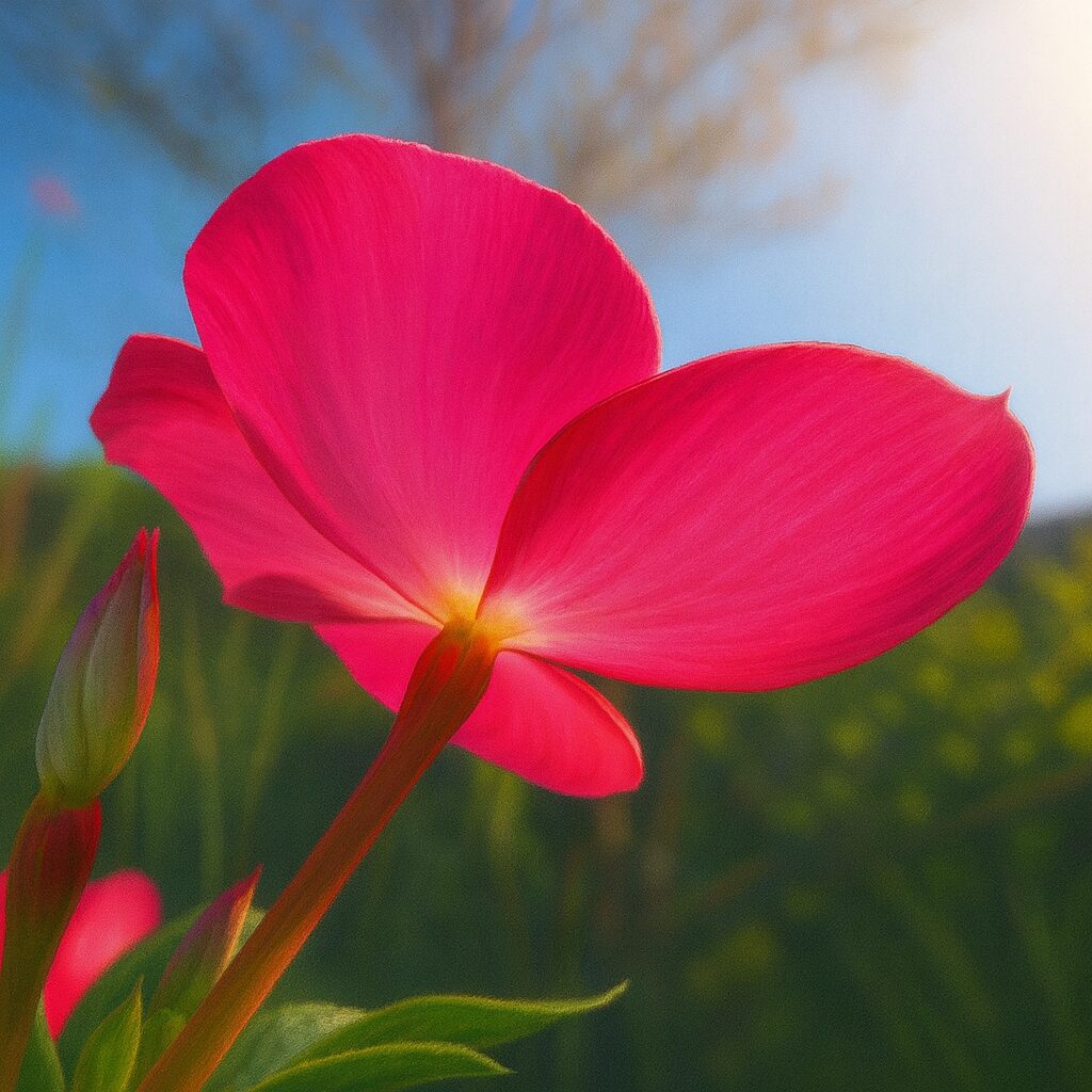 青空を背景に咲くピンク色のニチニチソウを下から見上げて描いたリアルなデジタルイラスト