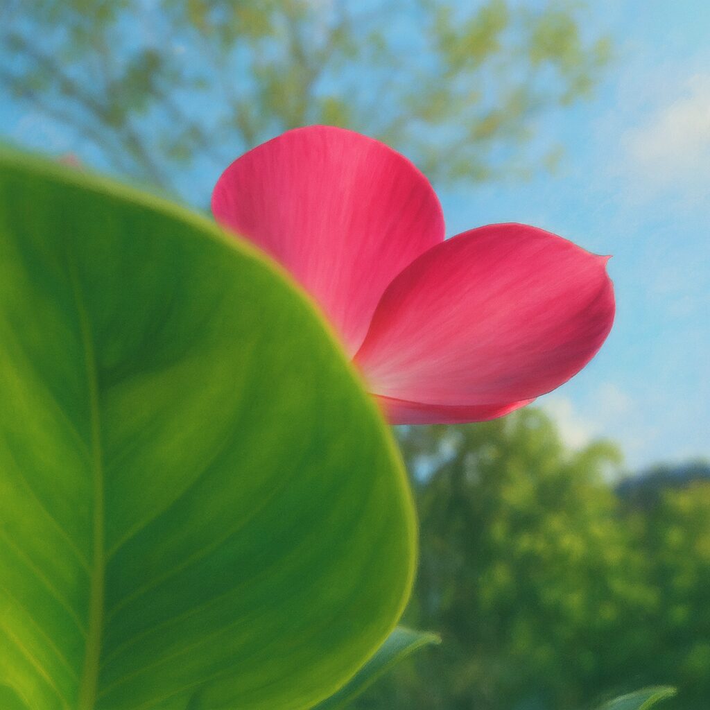 青空と緑の葉を背景にピンク色のニチニチソウをリアルに描いたデジタルイラスト