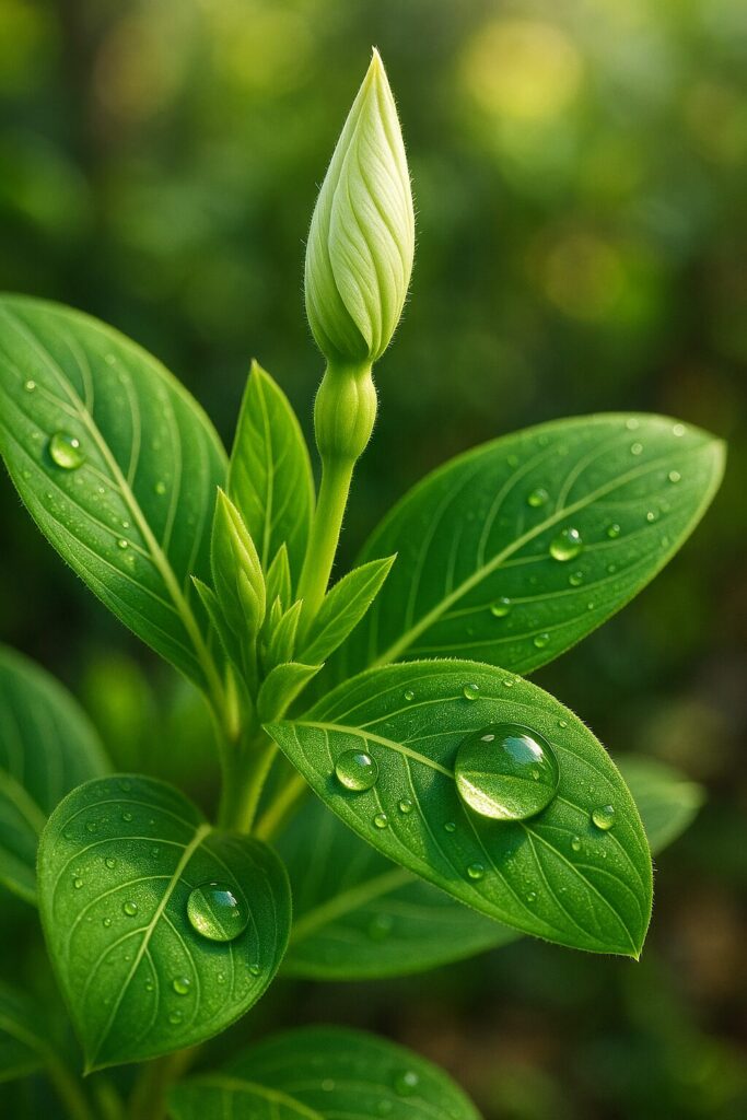 水滴が光る蕾と葉を写実的に描いたニチニチソウのデジタルイラスト